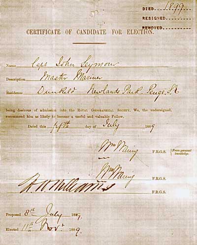 John Seymour's FRGS election certificate